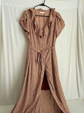 Newbury Kustom Rust Floral Maxi Dress with Ruffle Neck